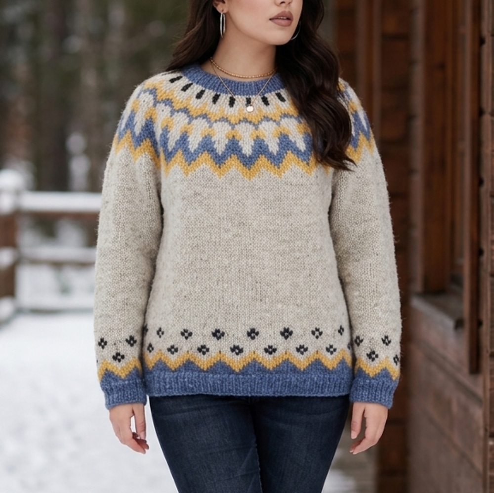 Vintage Fair Isle Wool Sweater Chunky Nordic Cozy Blue Cream L